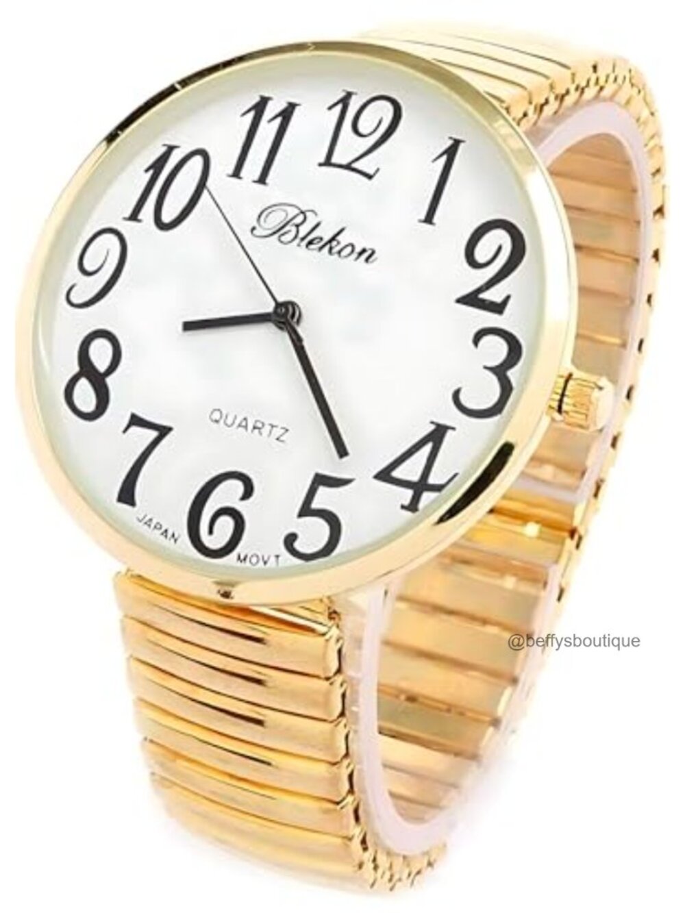 Women's Large Number Face Stretch Band Watch Gold Tone Analog Quartz